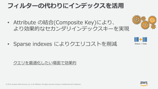 © 2018, Amazon Web Services, Inc. or its Affiliates. All rights reserved. Amazon Confidential and Trademark
フィルターの代わりにインデックスを活用
• Attribute の結合(Composite Key)により、
より効果的なセカンダリインデックスキーを実現
• Sparse indexes によりクエリコストを削減
クエリを最適化したい場面で効果的
Status + Date
 