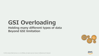 © 2018, Amazon Web Services, Inc. or its Affiliates. All rights reserved. Amazon Confidential and Trademark
GSI Overloading
Holding many different types of data
Beyond GSI limitation
 