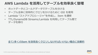 © 2018, Amazon Web Services, Inc. or its Affiliates. All rights reserved. Amazon Confidential and Trademark
AWS Lambda を活用してテーブルを効率良く整理
• ホットデータとコールドデータでテーブルを分ける
• テーブル全体に効率的にクエリをかけるために GSI を使用
• Lambda “ストアドプロシージャ”を作成し、Item を遷移
• TTL/DynamoDB Streams/Lambda を利用してテーブル間で
データを移行
全て/多くのItem を効率良くクエリしなければいけない場合に効果的
 
