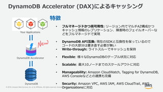 © 2018, Amazon Web Services, Inc. or its Affiliates. All rights reserved. Amazon Confidential and Trademark
• フルマネージドかつ高可用性: リージョン内でマルチAZ構成かつ
キャッシュ情報のレプリケーション、障害時のフェイルオーバーな
どをフルマネージドで実現
• DynamoDB API互換: 現在のSDKと互換性を保っているので
コードの大部分は書き直す必要が無い
• Write-through: ライトスルーでキャッシュを保持
• Flexible: 様々なDynamoDBのテーブル状況に対応
• Scalable: 最大10ノードまでのスケールアウトに対応
• Manageability: Amazon CloudWatch, Tagging for DynamoDB,
AWS Consoleなどとの連携も完備
• Security: Amazon VPC, AWS IAM, AWS CloudTrail, AWS
Organizationsに対応
特徴
DynamoDB Accelerator (DAX)によるキャッシング
DynamoDB
Your Applications
DynamoDB Accelerator
 