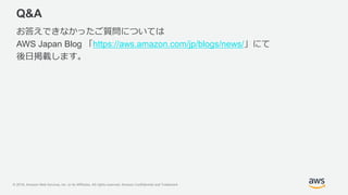 © 2018, Amazon Web Services, Inc. or its Affiliates. All rights reserved. Amazon Confidential and Trademark
Q&A
お答えできなかったご質問については
AWS Japan Blog 「https://aws.amazon.com/jp/blogs/news/」にて
後日掲載します。
 