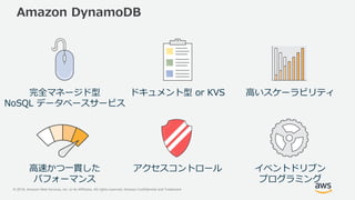 © 2018, Amazon Web Services, Inc. or its Affiliates. All rights reserved. Amazon Confidential and Trademark
Amazon DynamoDB
ドキュメント型 or KVS 高いスケーラビリティ完全マネージド型
NoSQL データベースサービス
アクセスコントロール イベントドリブン
プログラミング
高速かつ一貫した
パフォーマンス
 