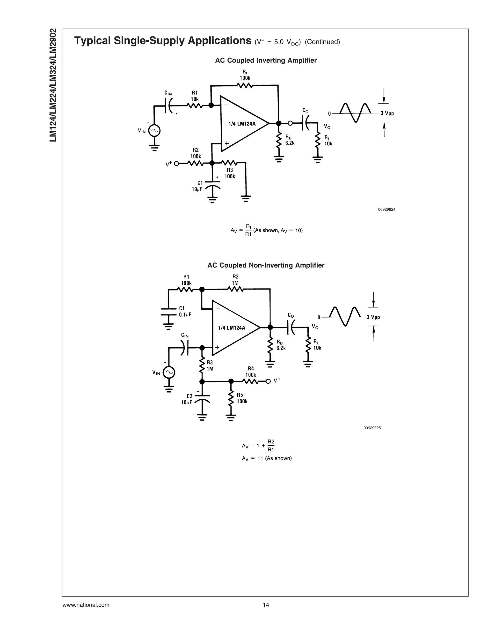 Typical Single-Supply Applications (V+
= 5.0 VDC) (Continued)
AC Coupled Inverting Amplifier
00929924
AC Coupled Non-Inverting Amplifier
00929925
LM124/LM224/LM324/LM2902
www.national.com 14
 