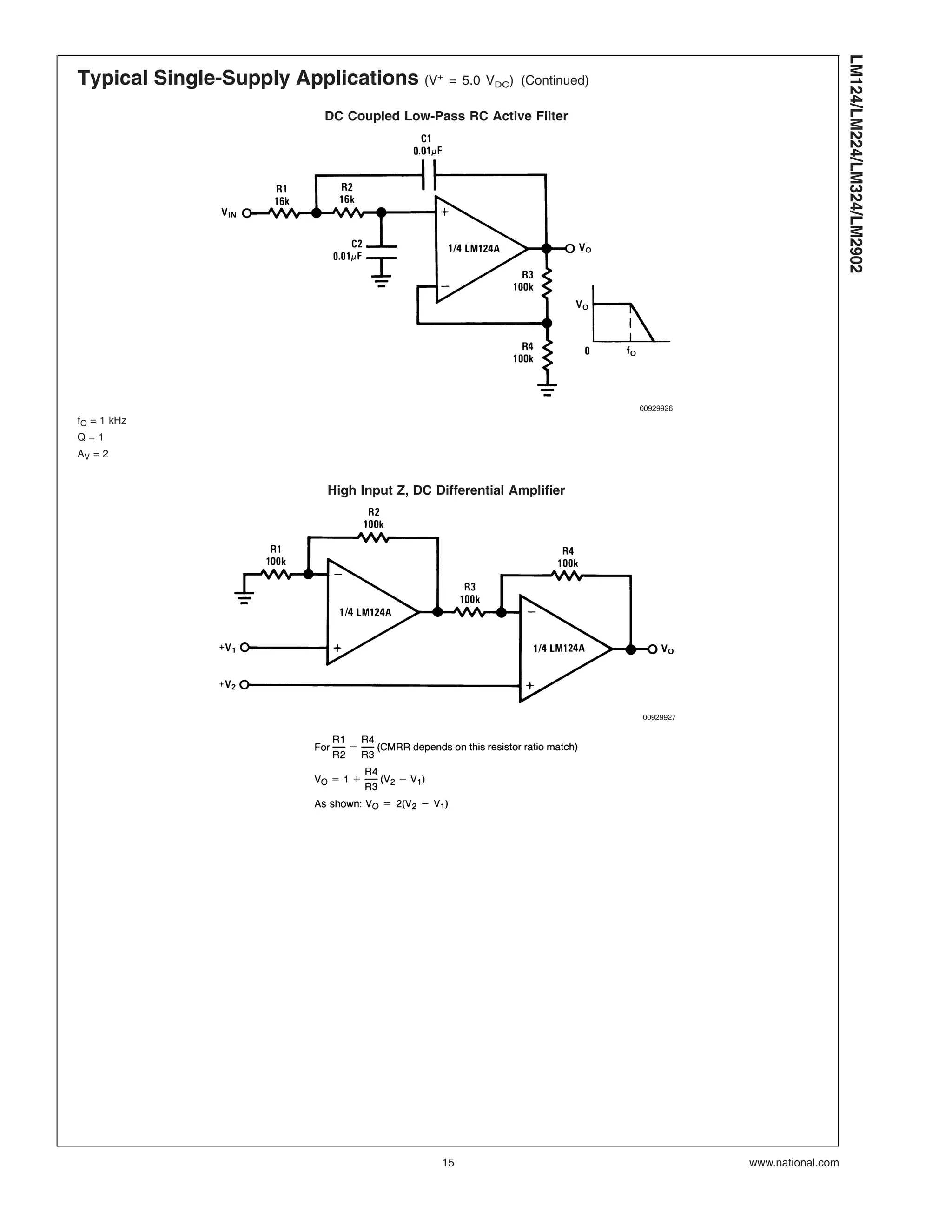 Typical Single-Supply Applications (V+
= 5.0 VDC) (Continued)
DC Coupled Low-Pass RC Active Filter
00929926
fO = 1 kHz
Q = 1
AV = 2
High Input Z, DC Differential Amplifier
00929927
LM124/LM224/LM324/LM2902
www.national.com15
 