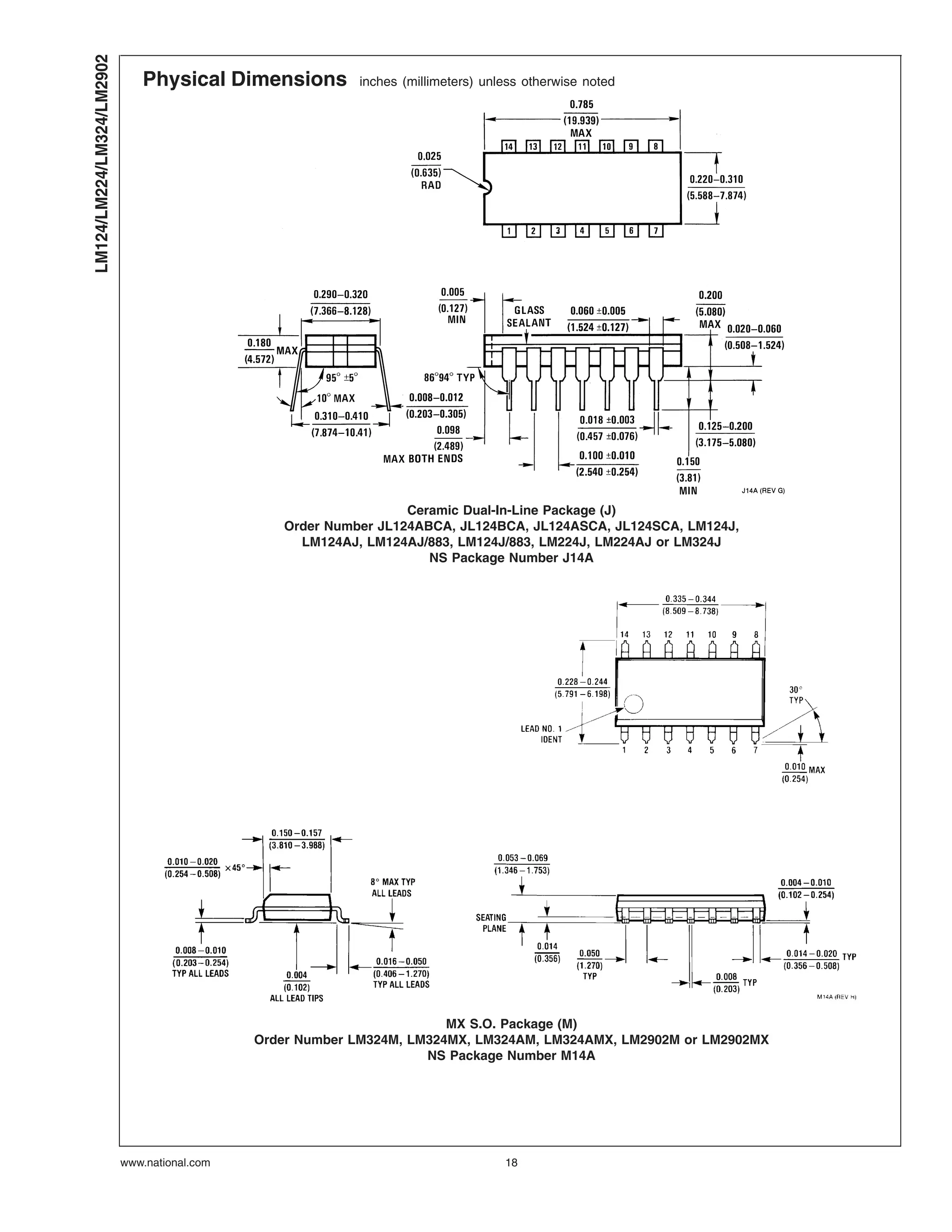 Physical Dimensions inches (millimeters) unless otherwise noted
Ceramic Dual-In-Line Package (J)
Order Number JL124ABCA, JL124BCA, JL124ASCA, JL124SCA, LM124J,
LM124AJ, LM124AJ/883, LM124J/883, LM224J, LM224AJ or LM324J
NS Package Number J14A
MX S.O. Package (M)
Order Number LM324M, LM324MX, LM324AM, LM324AMX, LM2902M or LM2902MX
NS Package Number M14A
LM124/LM224/LM324/LM2902
www.national.com 18
 