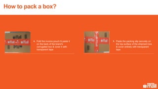 How to pack a box?
Paste the packing slip securely on
the top surface of the shipment box
& cover entirely with transparent
tape
Fold the invoice pouch & paste it
on the back of the brand's
corrugated box & cover it with
transparent tape
4. 5.
 