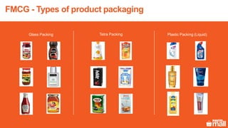 FMCG - Types of product packaging
Glass Packing Tetra Packing Plastic Packing (Liquid)
 