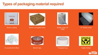 Types of packaging material required
Brand’s polybag
Air pouches/Void fillers
Brand’s corrugated boxes
Brand’s tape
Bubble wraps (40
GSM)
Transparent tape
1/2“ Bubble wraps
Fragile stickers
 