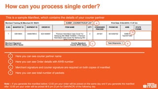 Here you can see courier partner namea
This is a sample Manifest, which contains the details of your courier partner
Here you can see Order details with AWB numberb
Merchant signature and courier signature are required on both copies of manifestc
Here you can see total number of packetsd
a
b
c d
Note – If you generate the manifest before 12:00 pm your order will be picked on the same day and if you generate the manifest
after 12:00 pm your order will be picked till 6 pm (5 pm for Delhi/NCR) of the following day
How can you process single order?
 