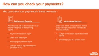 How can you check your payments?
You can check your payments in these two ways -
Settlements Reports
Order-wise details for specific date frames
of expected payouts can be viewed in the
following formats:
• Multiple orders detail report of expected
payout
• Expected payout of a specific order
Payout reports will be downloaded in a zip
file and will consist of the following
reports:
• Payment Transactions report
• Order level detail report
• Packaging adjustments report
• Damage product adjustment report
(Inventory in FC)
Order-wise Reports
 