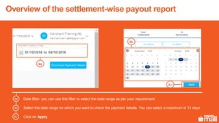 Overview of the settlement-wise payout report
4b
4a
4c
Date filter- you can use this filter to select the date range as per your requirement
Select the date range for which you want to check the payment details. You can select a maximum of 31 days
Click on Apply
4b
4c
4a
 