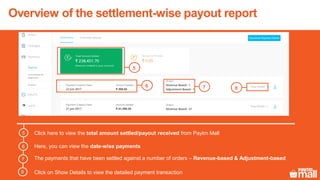 Overview of the settlement-wise payout report
Click here to view the total amount settled/payout received from Paytm Mall5
Here, you can view the date-wise payments
The payments that have been settled against a number of orders – Revenue-based & Adjustment-based
Click on Show Details to view the detailed payment transaction
6
7
8
5
6 7 8
 