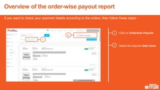 Overview of the order-wise payout report
If you want to check your payment details according to the orders, then follow these steps -
Click on Orderwise Payouts1
2 Select the required date frame
1
2
 