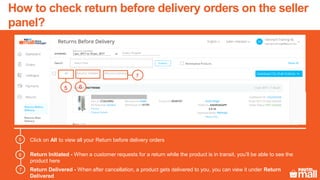 Click on All to view all your Return before delivery orders
Return Initiated - When a customer requests for a return while the product is in transit, you’ll be able to see the
product here
5
6
7
5 6
7 Return Delivered - When after cancellation, a product gets delivered to you, you can view it under Return
Delivered
How to check return before delivery orders on the seller
panel?
 