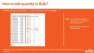 5
The file will get downloaded in a CSV format on your computer
You can edit the quantity
according to the product ID
and warehouse ID
Here you have to enter unit
wise inventory
Note- If you have multiple warehouses mapped, you can edit the inventory for them here and also decide the status
for them
5
How to edit quantity in Bulk?
 