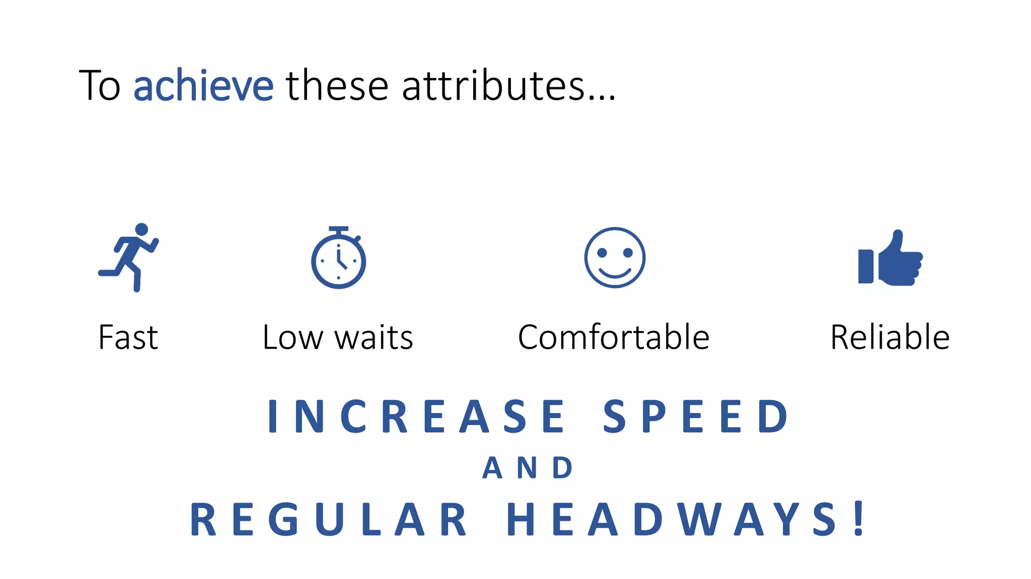 To achieve these attributes…
Fast Low waits Comfortable Reliable
I N C R E A S E S P E E D
A N D
R E G U L A R H E A D W A Y S !
 