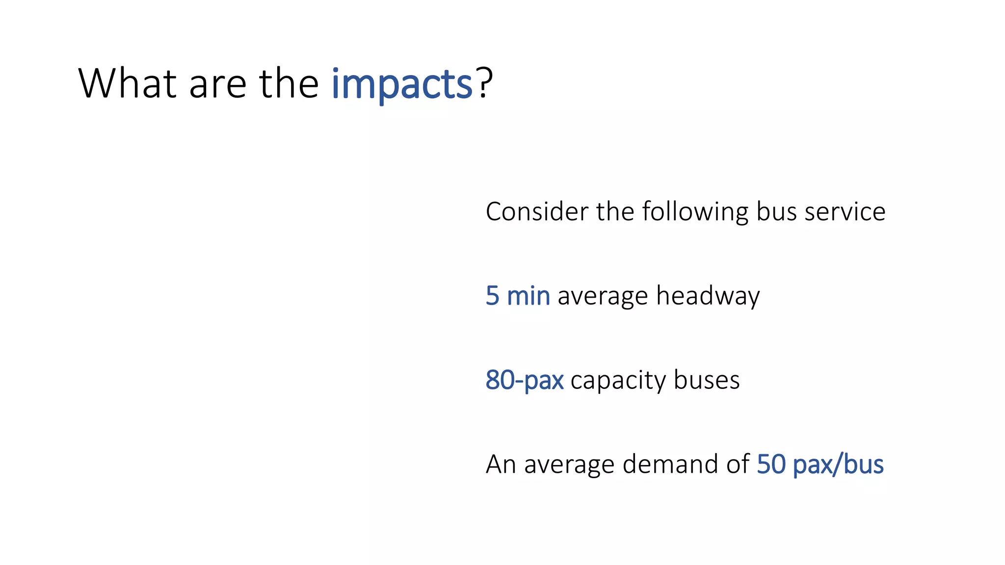 What are the impacts?
• Consider the following bus service
• 5 min average headway
• 80-pax capacity buses
• An average demand of 50 pax/bus
 