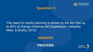 Question 5
The need for careful planning is shown by the fact that up
to 80% of change initiatives fail (Appelbaum, Habashy,
Malo, & Shafiq, 2012).
ANSWER
PROCESS
 