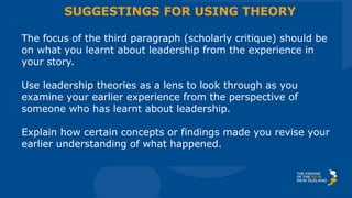 SUGGESTINGS FOR USING THEORY
The focus of the third paragraph (scholarly critique) should be
on what you learnt about leadership from the experience in
your story.
Use leadership theories as a lens to look through as you
examine your earlier experience from the perspective of
someone who has learnt about leadership.
Explain how certain concepts or findings made you revise your
earlier understanding of what happened.
 
