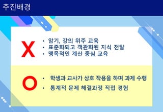 • 암기, 강의 위주 교육
• 표준화되고 객관화된 지식 전달
• 맹목적인 계산 중심 교육
• 학생과 교사가 상호 작용을 하며 과제 수행
• 통계적 문제 해결과정 직접 경험
X
o
추진배경
 
