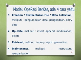 21
1. Creation / Pembentukan File / Data Collection,
meliputi : pengumpulan data, pengkodean, entry
data
2. Up-Date, meliputi : insert, append, modification,
delete
3. Retrieval, meliputi : inquiry, report generation
4. Maintenance, meliputi : restructure,
reorganization
 
