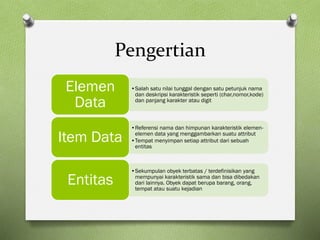 Pengertian
•Salah satu nilai tunggal dengan satu petunjuk nama
dan deskripsi karakteristik seperti (char,nomor,kode)
dan panjang karakter atau digit
Elemen
Data
•Referensi nama dan himpunan karakteristik elemen-
elemen data yang menggambarkan suatu attribut
•Tempat menyimpan setiap attribut dari sebuah
entitas
Item Data
•Sekumpulan obyek terbatas / terdefinisikan yang
mempunyai karakteristik sama dan bisa dibedakan
dari lainnya. Obyek dapat berupa barang, orang,
tempat atau suatu kejadian
Entitas
 