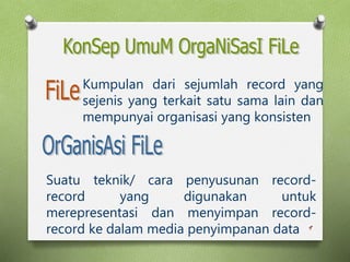 9
Kumpulan dari sejumlah record yang
sejenis yang terkait satu sama lain dan
mempunyai organisasi yang konsisten
Suatu teknik/ cara penyusunan record-
record yang digunakan untuk
merepresentasi dan menyimpan record-
record ke dalam media penyimpanan data
 