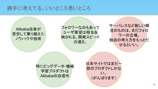 勝手に考えてる、いいところ悪いところ
18
Alibaba自身が
苦労して乗り越えた
ノウハウや技術
特にビッグデータ・機械
学習プロダクトは
Alibabaの自信作
サーバレスなど新しい概
念のものは、まだフォロ
ワーの立場。
独自の考え方をもっとだ
せるといい。
日本サイトではまだ一
部のプロダクトしかな
い。
（がんばります）
フォロワーなのもあって
ユーザ要望は相当反
映される。開発スピード
の速さ。
 