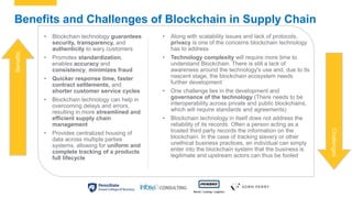 Benefits and Challenges of Blockchain in Supply Chain
• Blockchain technology guarantees
security, transparency, and
authe...