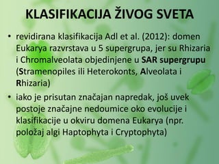 • revidirana klasifikacija Adl et al. (2012): domen
Eukarya razvrstava u 5 supergrupa, jer su Rhizaria
i Chromalveolata objedinjene u SAR supergrupu
(Stramenopiles ili Heterokonts, Alveolata i
Rhizaria)
• iako je prisutan značajan napredak, još uvek
postoje značajne nedoumice oko evolucije i
klasifikacije u okviru domena Eukarya (npr.
položaj algi Haptophyta i Cryptophyta)
KLASIFIKACIJA ŽIVOG SVETA
 