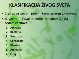 • T. Cavalier-Smith (1998) – šesto carstvo Chromista
• Ruggiero, T. Cavalier-Smith i saradnici (2015) –
sedam carstava:
1. Archaea
2. Bacteria
3. Protozoa
4. Chromista
5. Plantae
6. Animalia
7. Fungi
KLASIFIKACIJA ŽIVOG SVETA
 