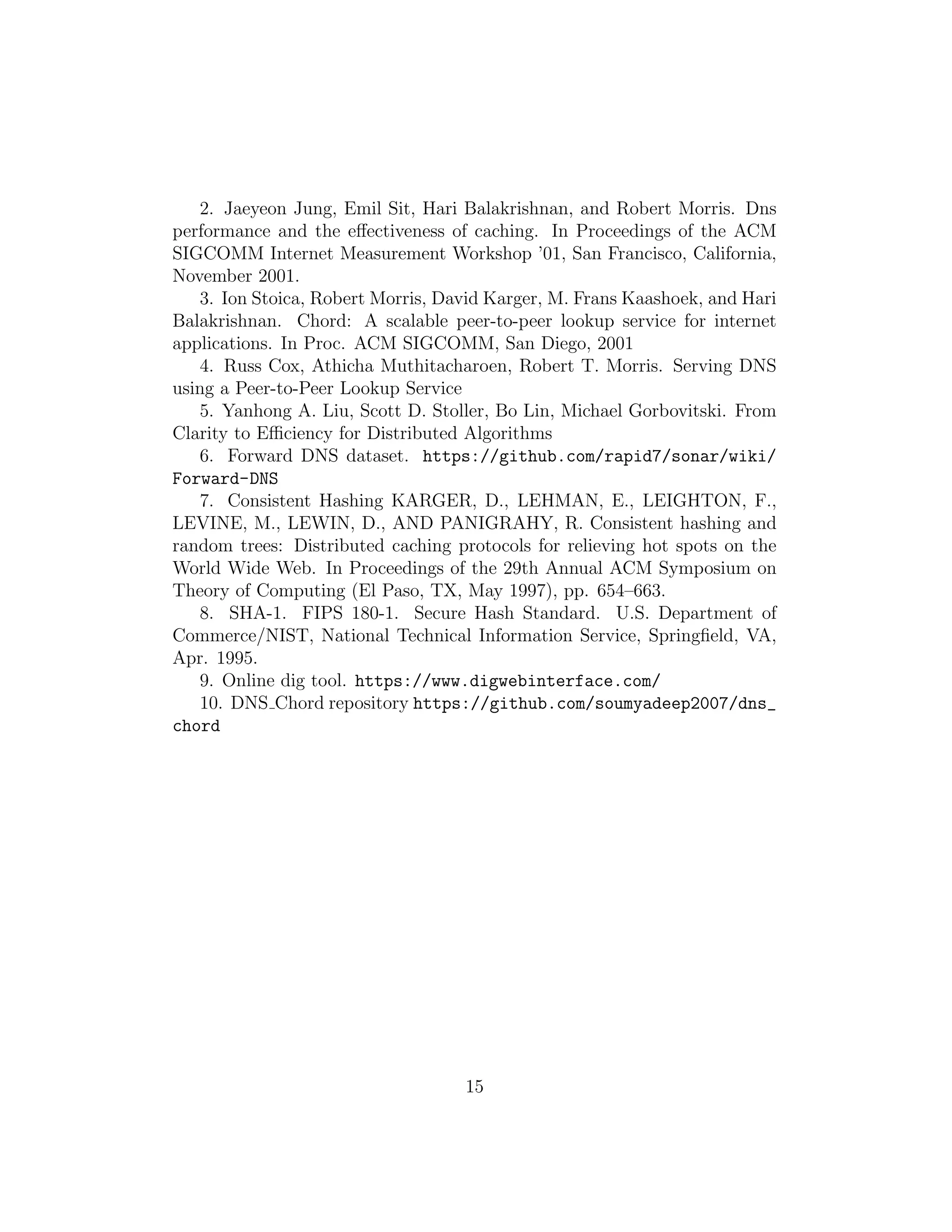 2. Jaeyeon Jung, Emil Sit, Hari Balakrishnan, and Robert Morris. Dns
performance and the effectiveness of caching. In Proceedings of the ACM
SIGCOMM Internet Measurement Workshop ’01, San Francisco, California,
November 2001.
3. Ion Stoica, Robert Morris, David Karger, M. Frans Kaashoek, and Hari
Balakrishnan. Chord: A scalable peer-to-peer lookup service for internet
applications. In Proc. ACM SIGCOMM, San Diego, 2001
4. Russ Cox, Athicha Muthitacharoen, Robert T. Morris. Serving DNS
using a Peer-to-Peer Lookup Service
5. Yanhong A. Liu, Scott D. Stoller, Bo Lin, Michael Gorbovitski. From
Clarity to Efficiency for Distributed Algorithms
6. Forward DNS dataset. https://github.com/rapid7/sonar/wiki/
Forward-DNS
7. Consistent Hashing KARGER, D., LEHMAN, E., LEIGHTON, F.,
LEVINE, M., LEWIN, D., AND PANIGRAHY, R. Consistent hashing and
random trees: Distributed caching protocols for relieving hot spots on the
World Wide Web. In Proceedings of the 29th Annual ACM Symposium on
Theory of Computing (El Paso, TX, May 1997), pp. 654–663.
8. SHA-1. FIPS 180-1. Secure Hash Standard. U.S. Department of
Commerce/NIST, National Technical Information Service, Springfield, VA,
Apr. 1995.
9. Online dig tool. https://www.digwebinterface.com/
10. DNS Chord repository https://github.com/soumyadeep2007/dns_
chord
15
 