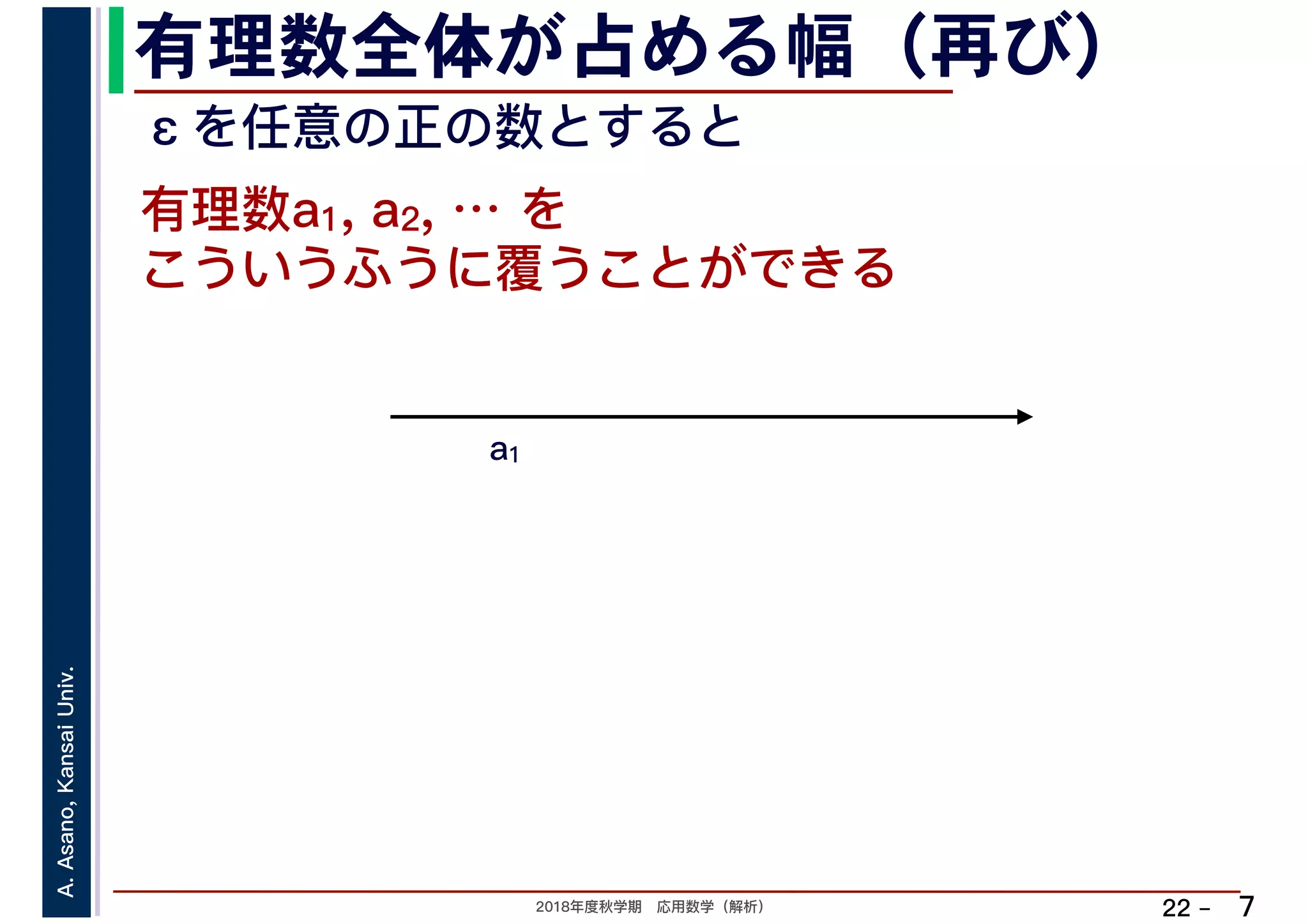 2018年度秋学期　応用数学（解析）
A.Asano,KansaiUniv.
22 –
有理数全体が占める幅（再び）
7
こういうふうに覆うことができる
有理数a1, a2, … を
a1
εを任意の正の数とすると
 