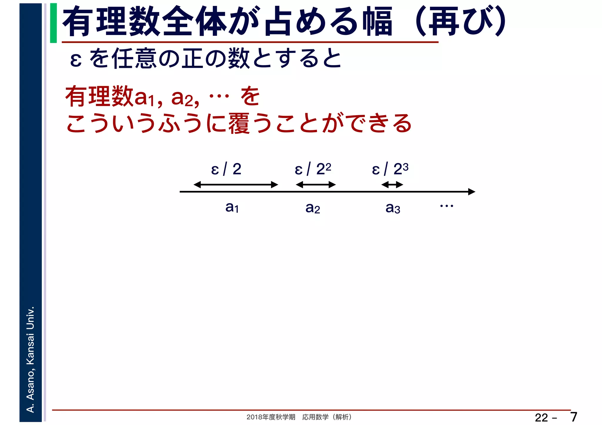 2018年度秋学期　応用数学（解析）
A.Asano,KansaiUniv.
22 –
有理数全体が占める幅（再び）
7
こういうふうに覆うことができる
有理数a1, a2, … を
a1 a2 a3
ε/ 2 ε/ 22 ε/ 23
εを任意の正の数とすると
…
 