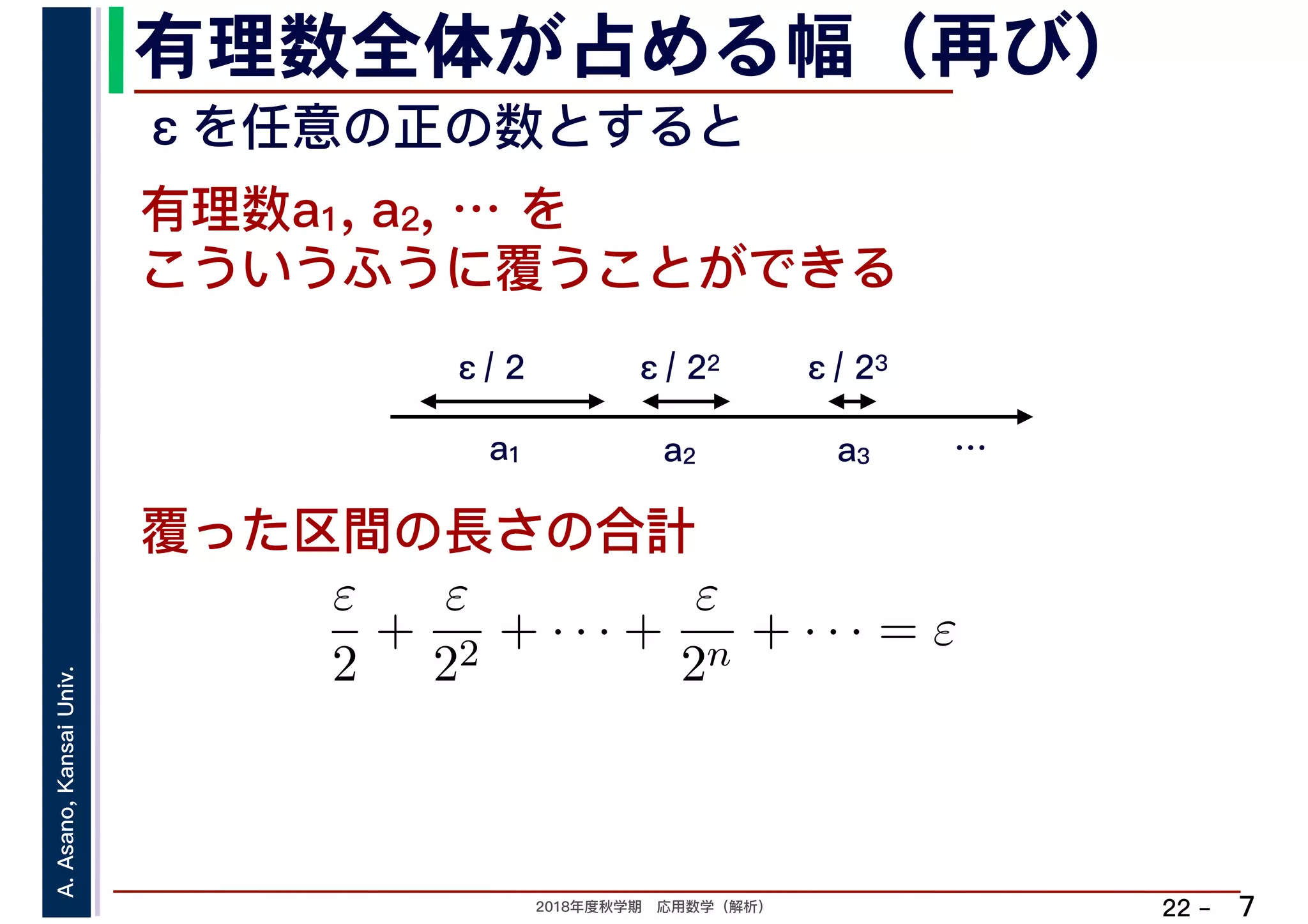 2018年度秋学期　応用数学（解析）
A.Asano,KansaiUniv.
22 –
有理数全体が占める幅（再び）
7
こういうふうに覆うことができる
覆った区間の長さの合計
有理数a1, a2, … を
a1 a2 a3
ε/ 2 ε/ 22 ε/ 23
ε
2
+
ε
22
+ · · · +
ε
2n
+ · · · = ε
εを任意の正の数とすると
…
 