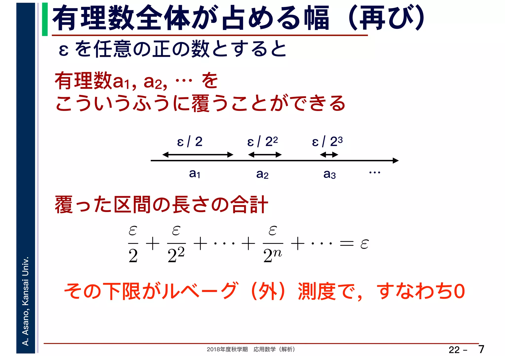 2018年度秋学期　応用数学（解析）
A.Asano,KansaiUniv.
22 –
有理数全体が占める幅（再び）
7
こういうふうに覆うことができる
覆った区間の長さの合計
有理数a1, a2, … を
a1 a2 a3
ε/ 2 ε/ 22 ε/ 23
ε
2
+
ε
22
+ · · · +
ε
2n
+ · · · = ε
εを任意の正の数とすると
…
その下限がルベーグ（外）測度で，すなわち0
 