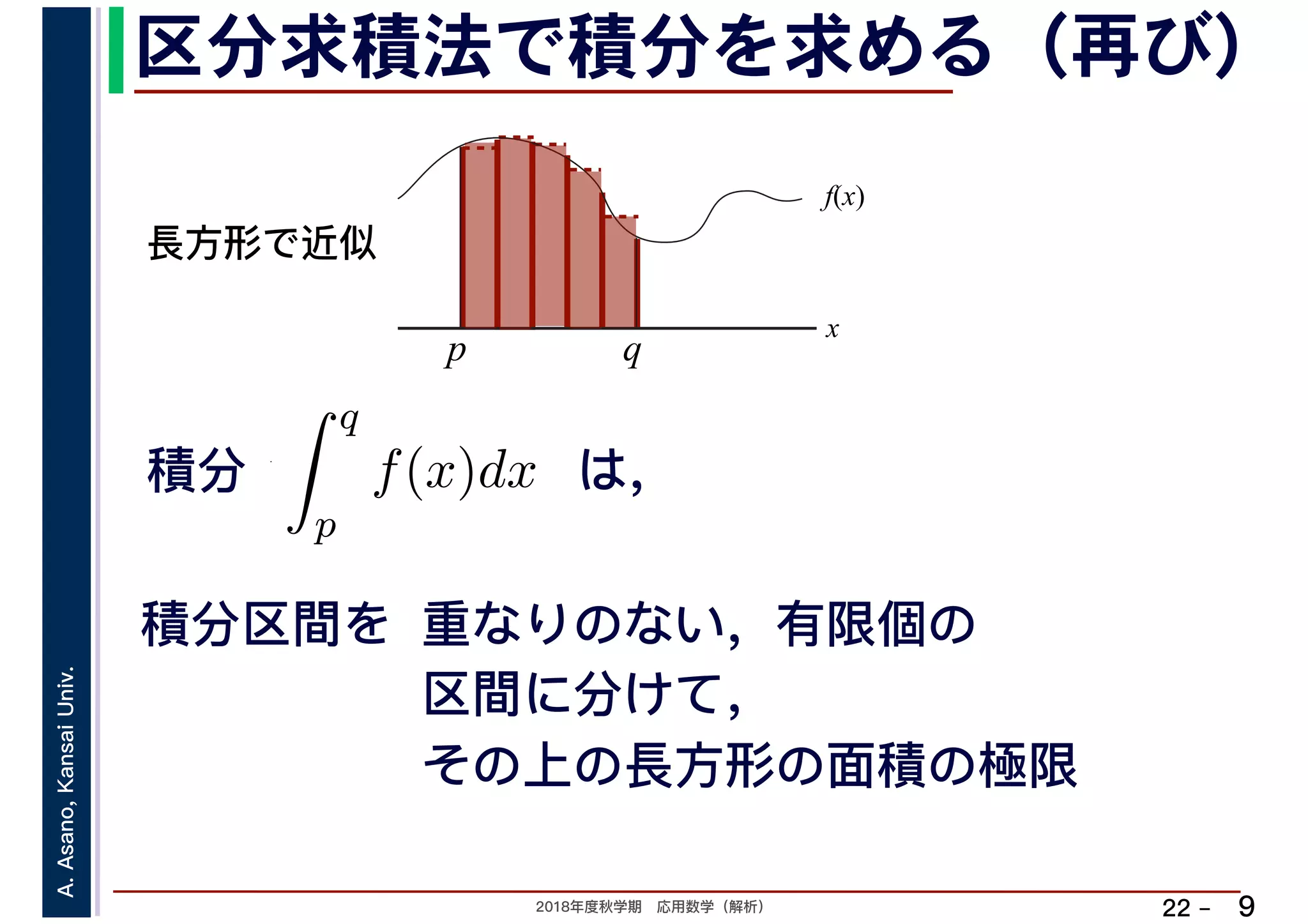 2018年度秋学期　応用数学（解析）
A.Asano,KansaiUniv.
22 –
区分求積法で積分を求める（再び）
9
積分 は，分
q
p
f(x)dx
f(x)
x
p
長方形で近似
q
積分区間を 重なりのない，有限個の
区間に分けて，
その上の長方形の面積の極限
 