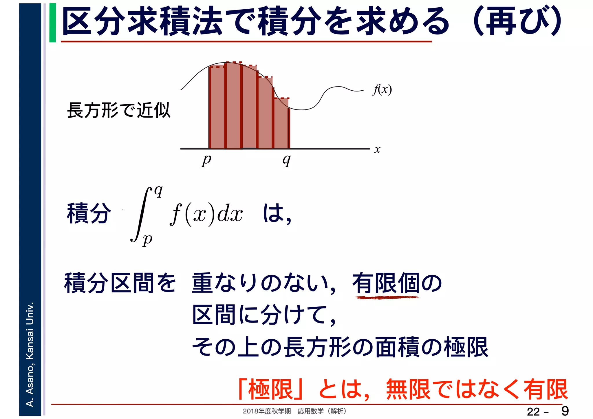 2018年度秋学期　応用数学（解析）
A.Asano,KansaiUniv.
22 –
区分求積法で積分を求める（再び）
9
積分 は，分
q
p
f(x)dx
f(x)
x
p
長方形で近似
q
積分区間を 重なりのない，有限個の
区間に分けて，
その上の長方形の面積の極限
「極限」とは，無限ではなく有限
 