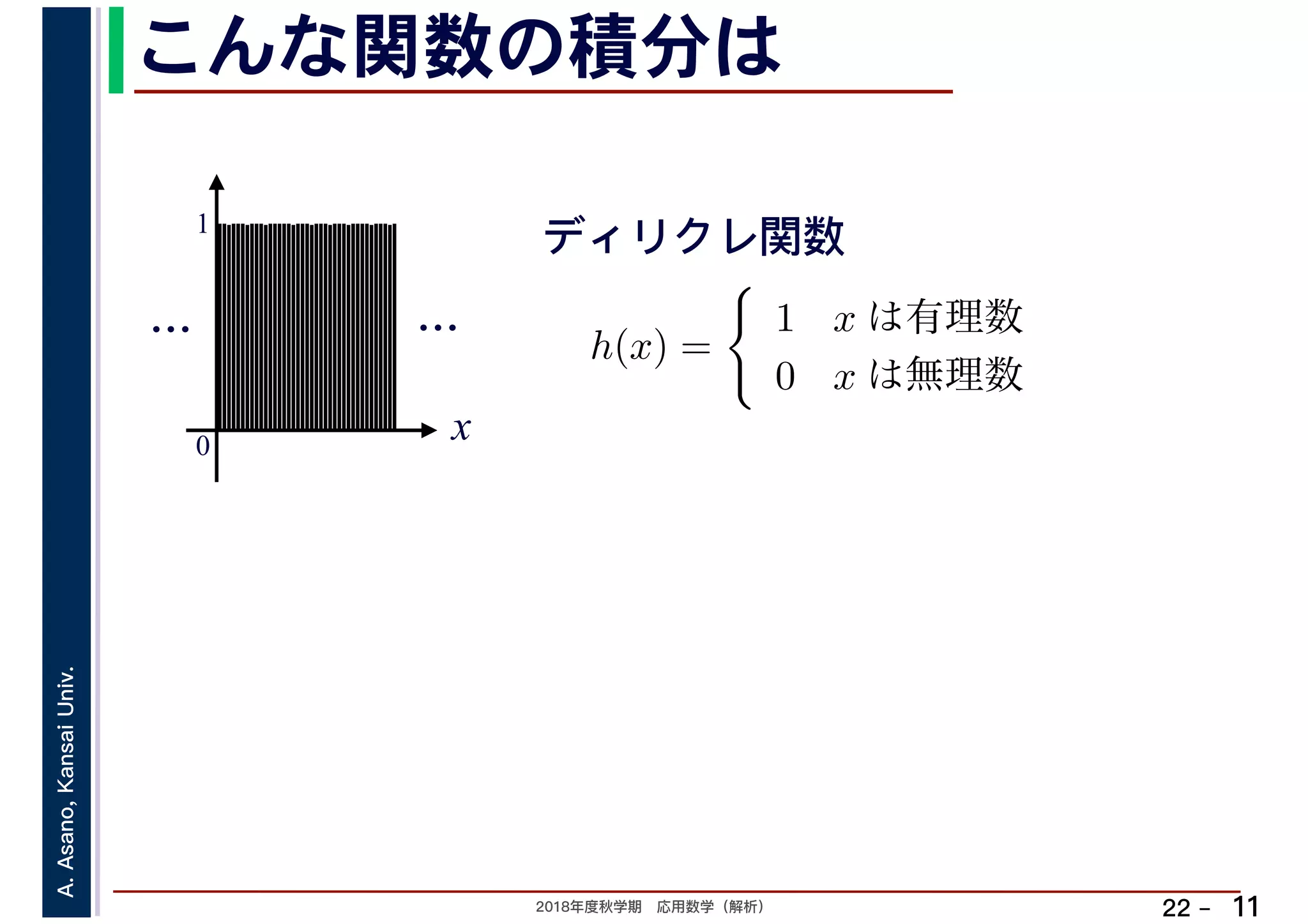 2018年度秋学期　応用数学（解析）
A.Asano,KansaiUniv.
22 –
こんな関数の積分は
11
h(x) =
1 x は有理数
0 x は無理数　
ディリクレ関数
x0
1
……
 