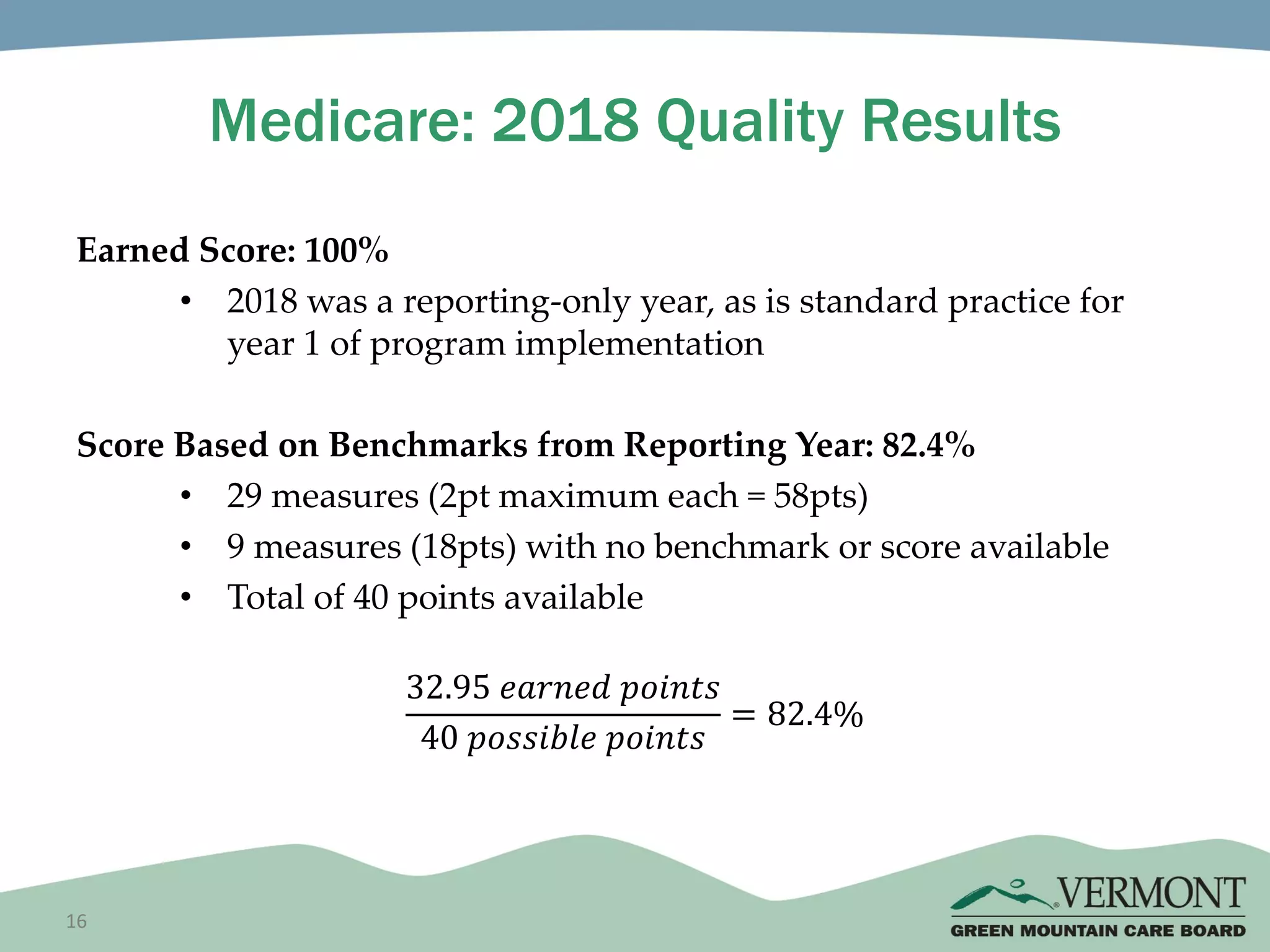 16
Medicare: 2018 Quality Results
Earned Score: 100%
• 2018 was a reporting-only year, as is standard practice for
year 1 of program implementation
Score Based on Benchmarks from Reporting Year: 82.4%
• 29 measures (2pt maximum each = 58pts)
• 9 measures (18pts) with no benchmark or score available
• Total of 40 points available
32.95 𝑒𝑎𝑟𝑛𝑒𝑑 𝑝𝑜𝑖𝑛𝑡𝑠
40 𝑝𝑜𝑠𝑠𝑖𝑏𝑙𝑒 𝑝𝑜𝑖𝑛𝑡𝑠
= 82.4%
 