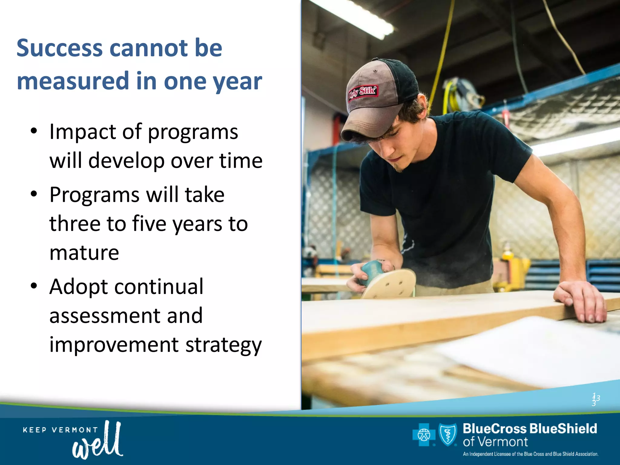 • Impact of programs
will develop over time
• Programs will take
three to five years to
mature
• Adopt continual
assessment and
improvement strategy
1
3
13
Success cannot be
measured in one year
 