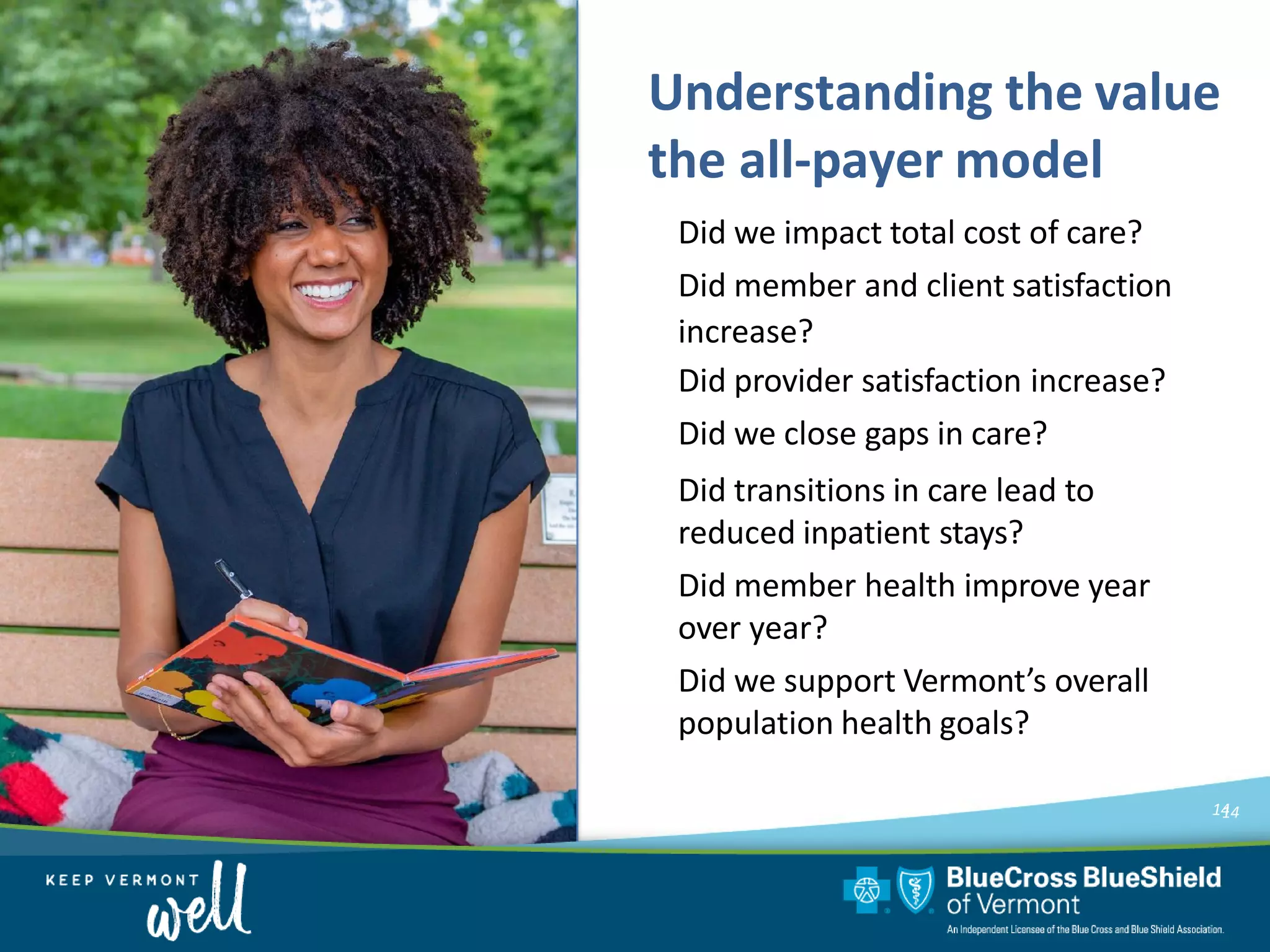 Did we impact total cost of care?
Did member and client satisfaction
increase?
Did provider satisfaction increase?
Did we close gaps in care?
Did transitions in care lead to
reduced inpatient stays?
Did member health improve year
over year?
Did we support Vermont’s overall
population health goals?
1414
Understanding the value
the all-payer model
 