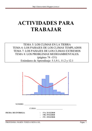 http://clasesconarte.blogspot.com.es/
PROFESORA: MARÍA TERESA MENA GIL Página 1
ACTIVIDADES PARA
TRABAJAR
TEMA 5: LOS CLIMAS EN LA TIERRA
TEMA 6: LOS PAISAJES DE LOS CLIMAS TEMPLADOS
TEMA 7: LOS PAISAJES DE LOS CLIMAS EXTREMOS
TEMA 8: LOS PROBLEMAS MEDIOAMBIENTALES.
(páginas 74 -151)
Estándares de Aprendizaje: 5.1,9.1, 11.2 y 12.1
NOMBRE: ________________________________________________________
CURSO: ____________________________
FECHA DE ENTREGA: - 1ºA: 21/12/2018
- 1ºB: 19/12/2018
- 1ºC: 19/12/2018
 