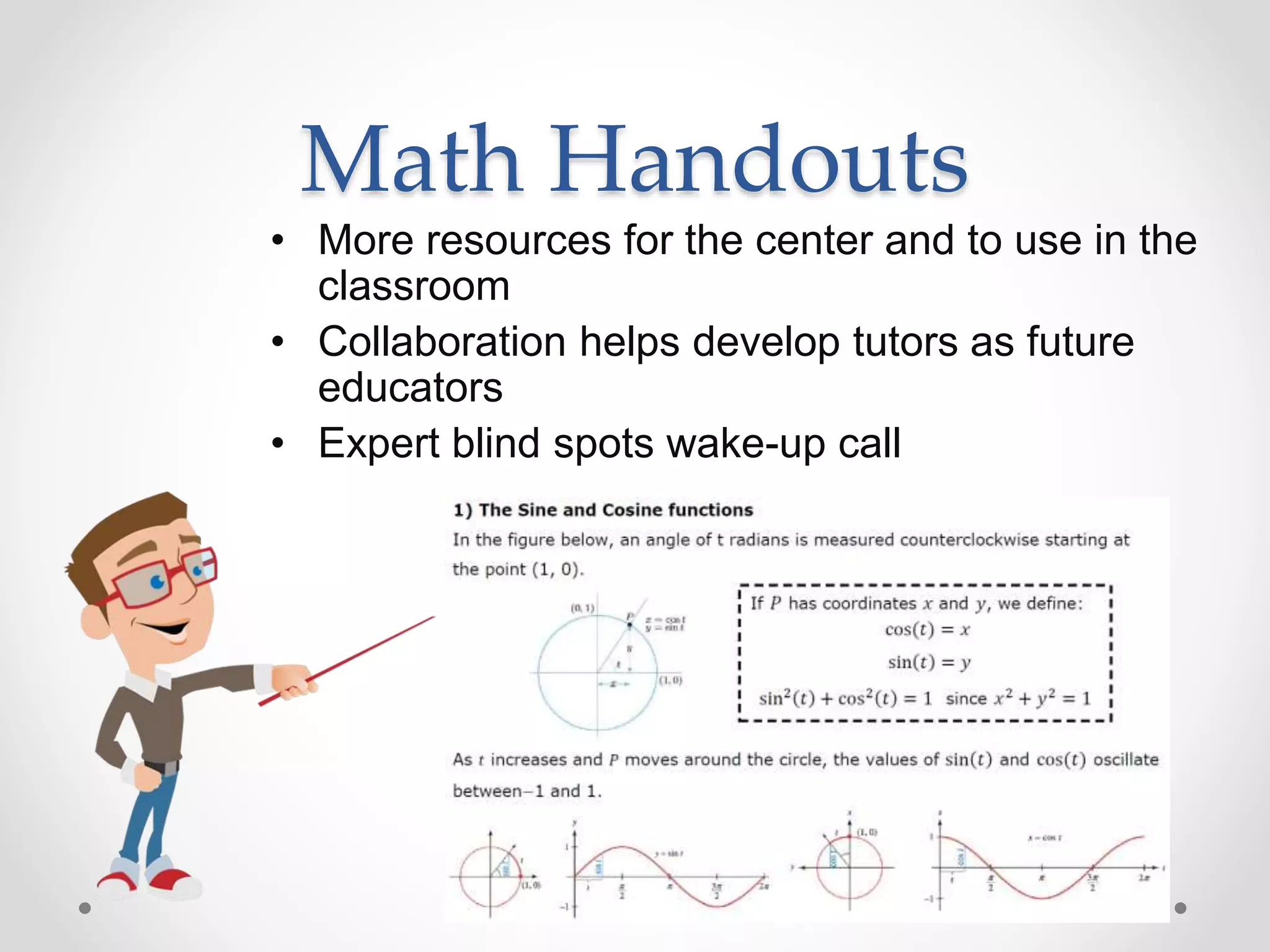 Math Handouts
• More resources for the center and to use in the
classroom
• Collaboration helps develop tutors as future
educators
• Expert blind spots wake-up call
 