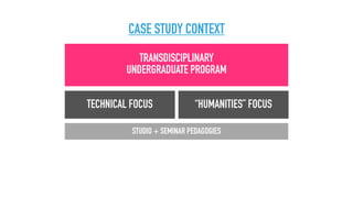 TRANSDISCIPLINARY  
UNDERGRADUATE PROGRAM
TECHNICAL FOCUS “HUMANITIES” FOCUS
STUDIO + SEMINAR PEDAGOGIES
CASE STUDY CONTEXT
 