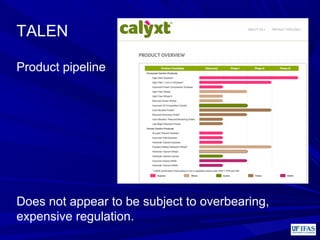 TALEN
Product pipeline
Does not appear to be subject to overbearing,
expensive regulation.
 