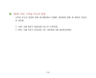 - 10 -
제5호 의안: 사무실 주소지 변경
사무실 주소지 변경에 대해 정기총회에서 의결함. 참여회원 85명 중 85명의 찬성으
로 승인됨.
○ 기본: 서울 종로구 필운대로11길 27-1(옥인동)
○ 변경: 서울 마포구 마포대로 181, 영진빌딩 4층 402호(아현동)
 