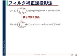2018年度秋学期　画像情報処理
A.Asano,KansaiUniv.
17 –
フィルタ補正逆投影法
16
積分区間を変換
f(x, y) =
2π
0
∞
0
Gθ(ξ) exp(i2πξ(x cos θ + y sin θ))ξdξdθ
　 　
f(x, y) =
π
0
∞
−∞
Gθ(ξ) exp(i2πξ(x cos θ + y sin θ))|ξ|dξdθ
　 　
 