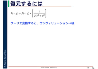 2018年度秋学期　画像情報処理
A.Asano,KansaiUniv.
17 –
復元するには
12
フーリエ変換すると，コンヴォリューション→積
b(x, y)= f(x, y) ∗
1
x2 + y2
 