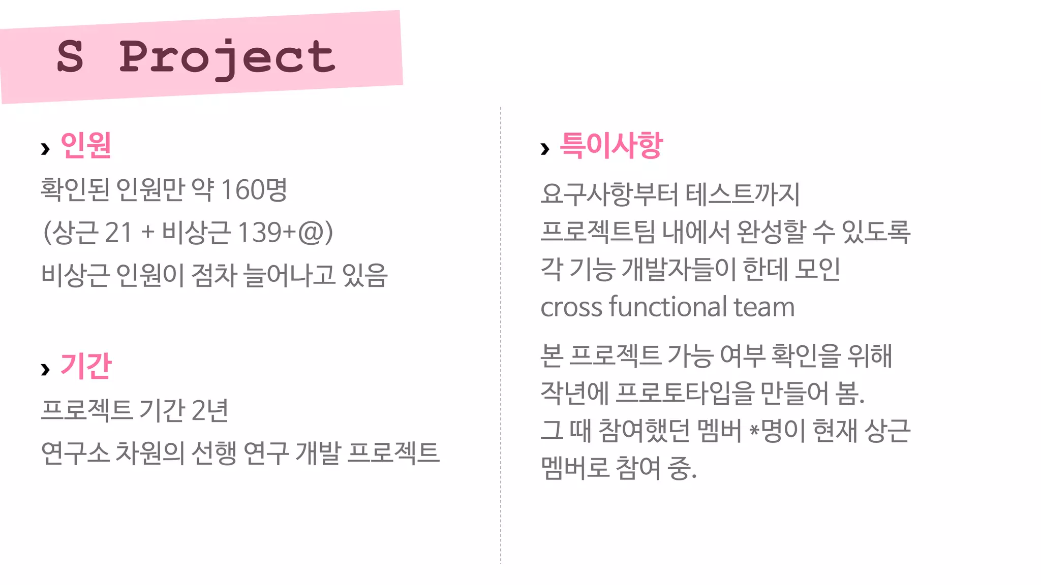S Project
인원
확인된 인원만 약 160명
(상근 21 + 비상근 139+@)
비상근 인원이 점차 늘어나고 있음
기간
프로젝트 기간 2년
연구소 차원의 선행 연구 개발 프로젝트
특이사항
요구사항부터 테스트까지
프로젝트팀 내에서 완성할 수 있도록
각 기능 개발자들이 한데 모인
cross functional team
본 프로젝트 가능 여부 확인을 위해
작년에 프로토타입을 만들어 봄.
그 때 참여했던 멤버 *명이 현재 상근
멤버로 참여 중.
 